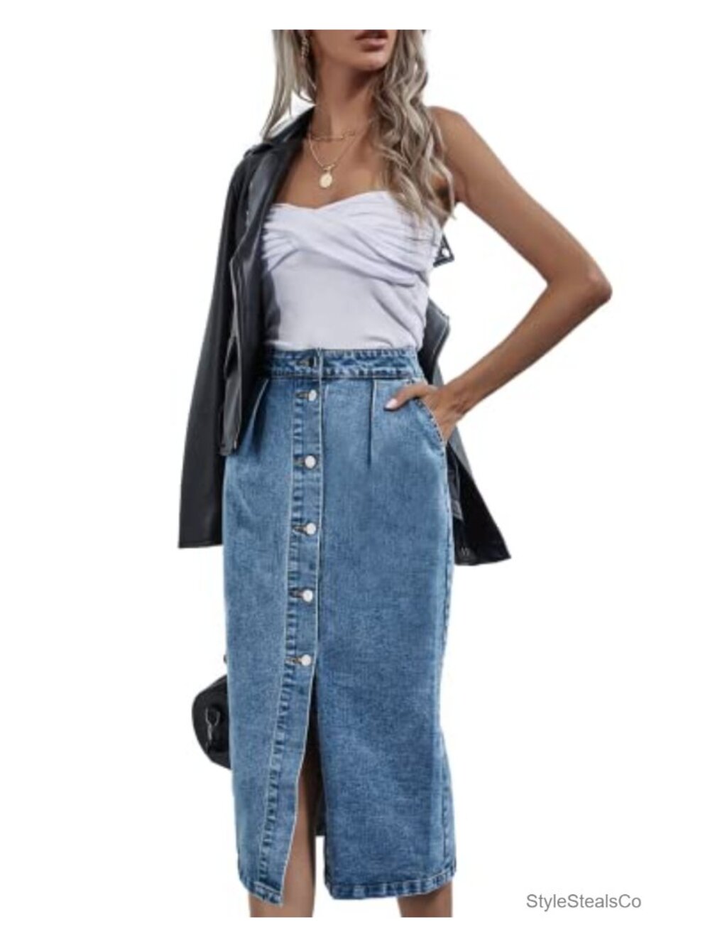 High Waisted Washed Button Front Denim Long Skirt Midi A-Line Pencil Skirt